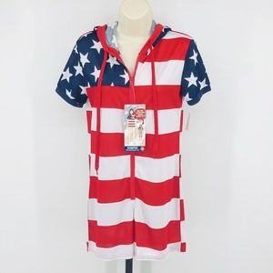 American Flag Patriotic Hooded Romper Womens XS